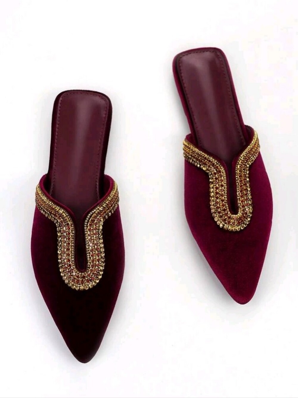 Women's Luxurious Rhinestone Decor Contrast Color Velvet Material Pointed Toe